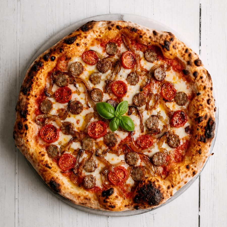 Springbok pizza with boerewors and caramelised onion